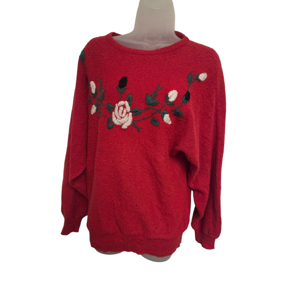 Vintage Red Floral‎ Embroidered Sweater Oversized Rose Cottagecore Cozy Knit M/L